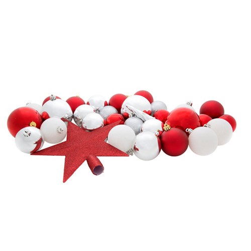 Set de 33 bolas blancas y rojas con estrella roja ø 6 cm