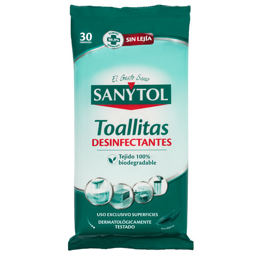 Paquete de 30 toallitas desinfectantes sin lejía sanytol