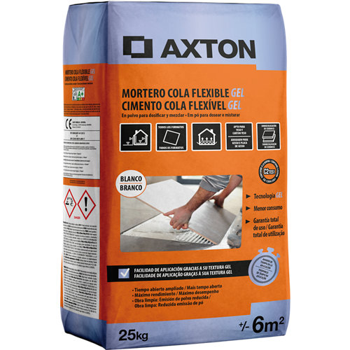 Mortero cola flexible gel color blanco 25 kgs. axton