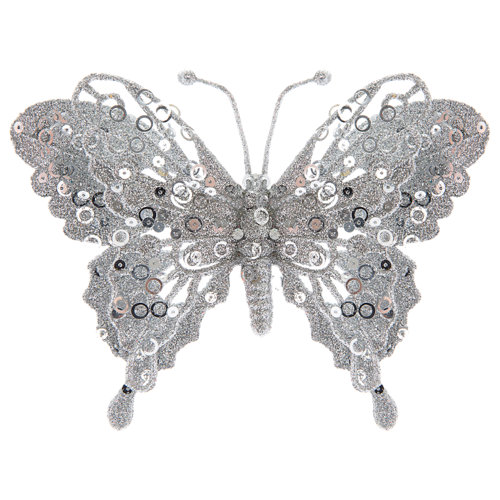 Adorno con clip mariposa plateada navidad 15 cm