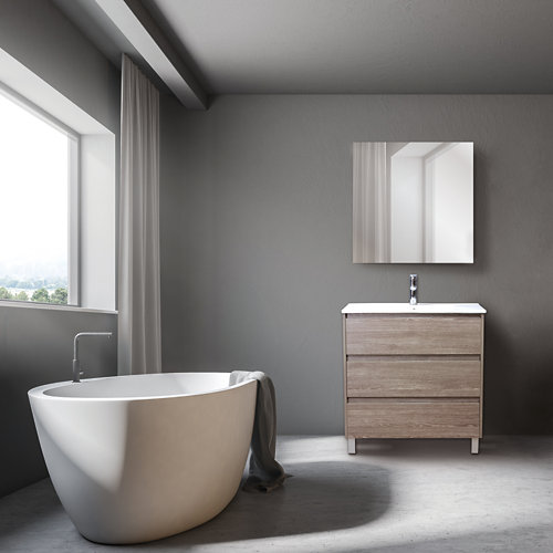 Mueble de baño con lavabo y espejo guano roble natural 80x45 cm de la marca Blanca / Sin definir en acabado de color Marrón fabricado en Aglomerado