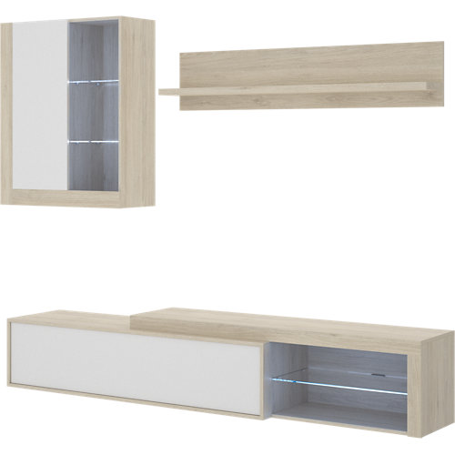 Mueble agni para salón blanco y madera natural 215x180x41 cm