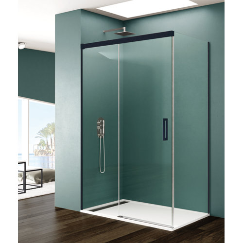 Mampara corredera bass transp. perfil negro + fijo lateral 120x90x196 cm de la marca GME en acabado de color Negro fabricado en Cristal