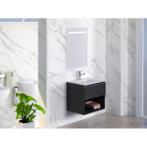 Mueble de baño con lavabo y espejo lark negro mat 60x55cm