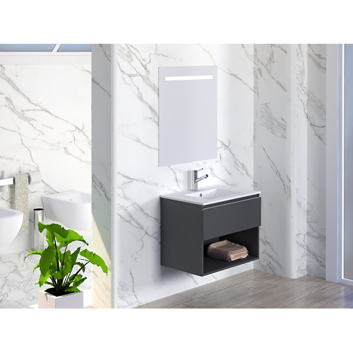 Mueble de baño con lavabo y espejo lark negro mat 70x55cm