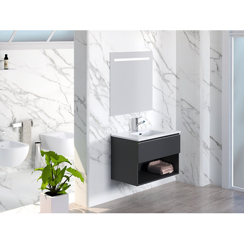 Mueble de baño con lavabo y espejo lark negro mat 80x55cm