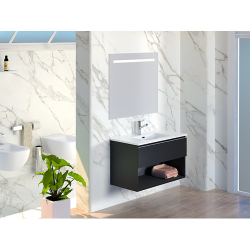 Mueble de baño con lavabo y espejo lark negro mat 90x55cm