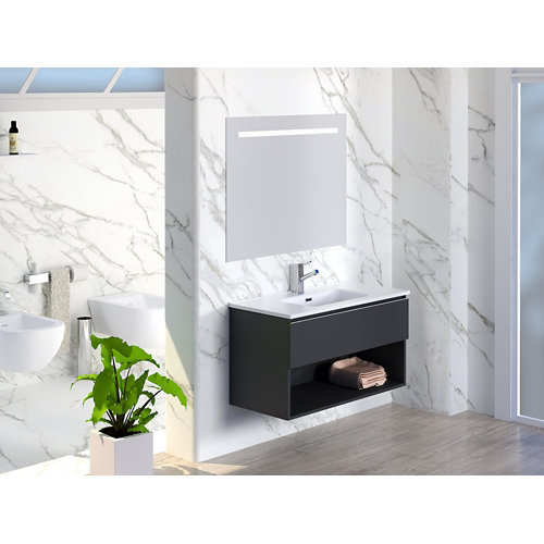 Mueble de baño con lavabo y espejo lark negro mat 100x55cm