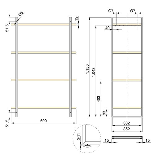 Kit de estantería de acero y cuatro baldas de 115x69x35,2cm