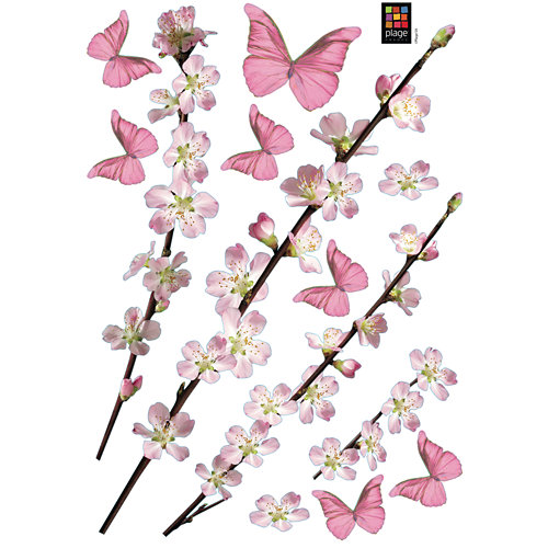2 planchas stickers manzano en flor y mariposas de 29.7 x 21 cm