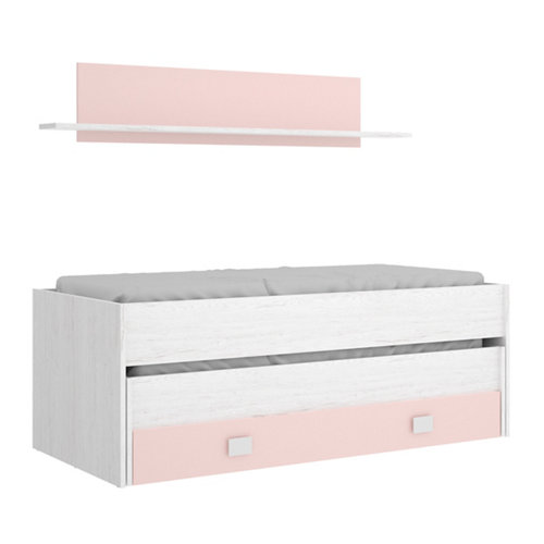Cama compact serie enif 1 cajón y 1 estante blanco artic y rosa