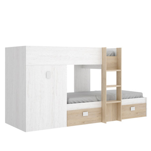 Cama tren serie beth con armario y 2 cajones blanco artic y roble natural