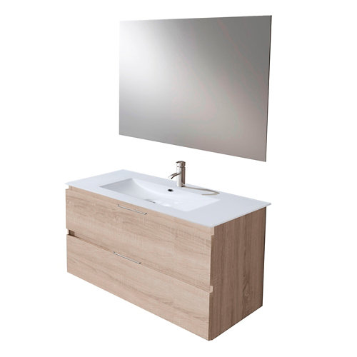 Mueble de baño con lavabo y espejo prima roble claro 100 cm de la marca ARMOBANY en acabado de color Marrón fabricado en Aglomerado de particulas
