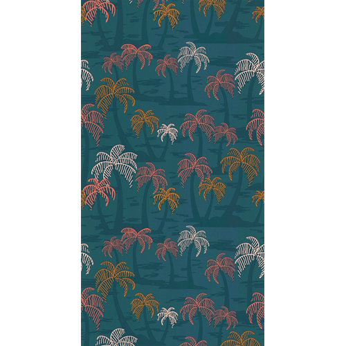 Papel pintado vinílico floral palmeras con fondo azul