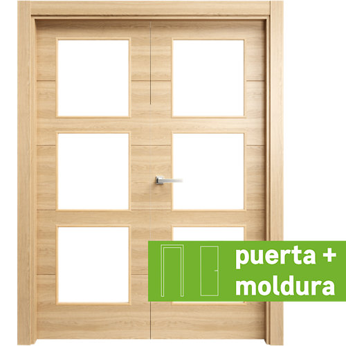 Conjunto de puerta doble cristal berna roble miel 115cm (72 +72) izda + tapetas