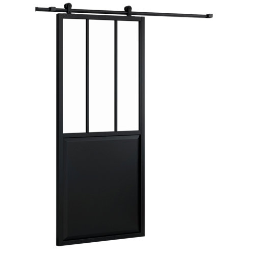 Conjunto puerta corredera atelier negro 83 cm + guía loft