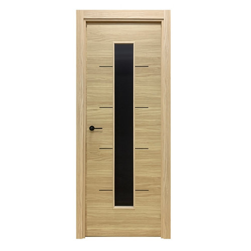 Pack puerta maciza sahara roble vidriera de 72,5 cm izq + jambas + manivela
