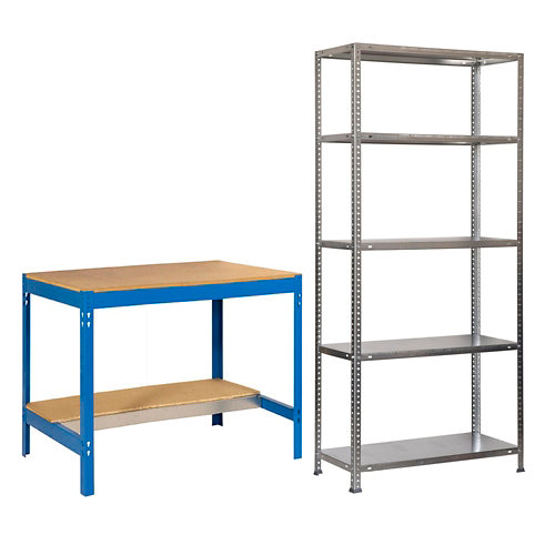 Pack de mesa banco de trabajo + estantería metálica 5b